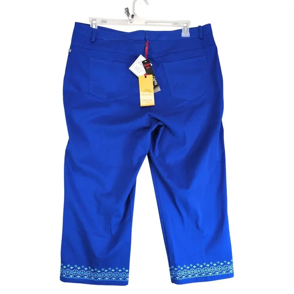NWT Ruby Rd Blue Embroidered Capri Pants Women's 16 Comfort Waist 38x22.5